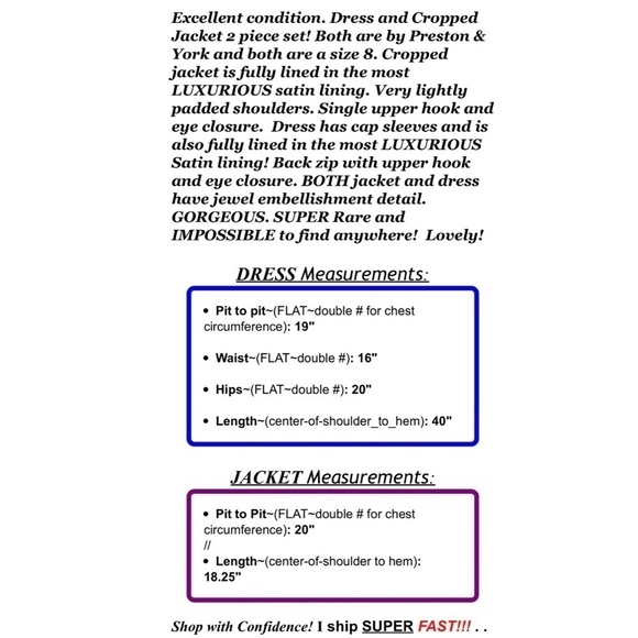 Preston & Yorke Sz 8 Teal Formal Jewel Satin Lined Dress Suit Cropped Jacket Set - Picture 2 of 11